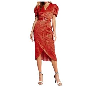 RIVER ISLAND Red Spotted Faux Wrap Midi Dress